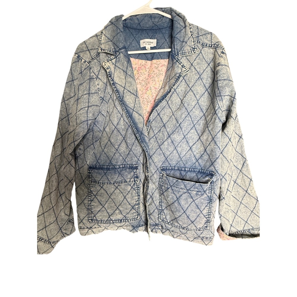 ee:some Los Angeles Quilted Acid Wash Denim Jacket Floral Lining Large Blue
